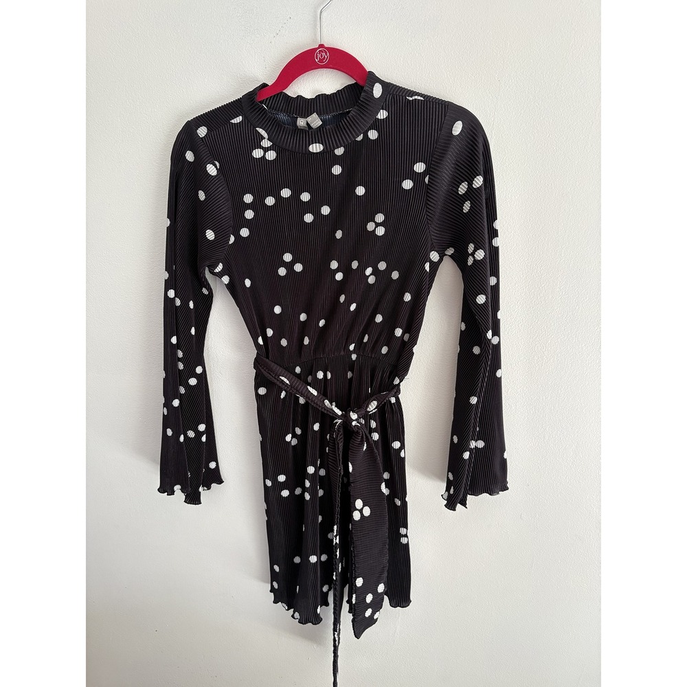 ASOS Black White Polka Dot Plisse Mock Neck Mini Dress Long Sleeve Belted Sz 2